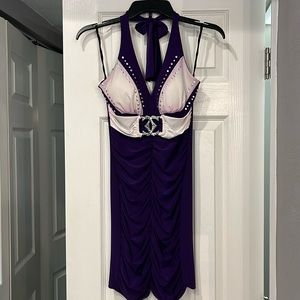 Solar purple & white stretch dress, silver tone hardware with rhinestones, studs